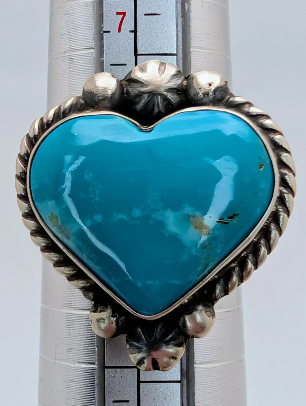 Kingman Turquoise Native Signed Adjustable Heart Ring S925 Sterling Silver